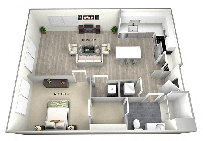 Floor plan for 1 bed, 1 bath, 733 sqft